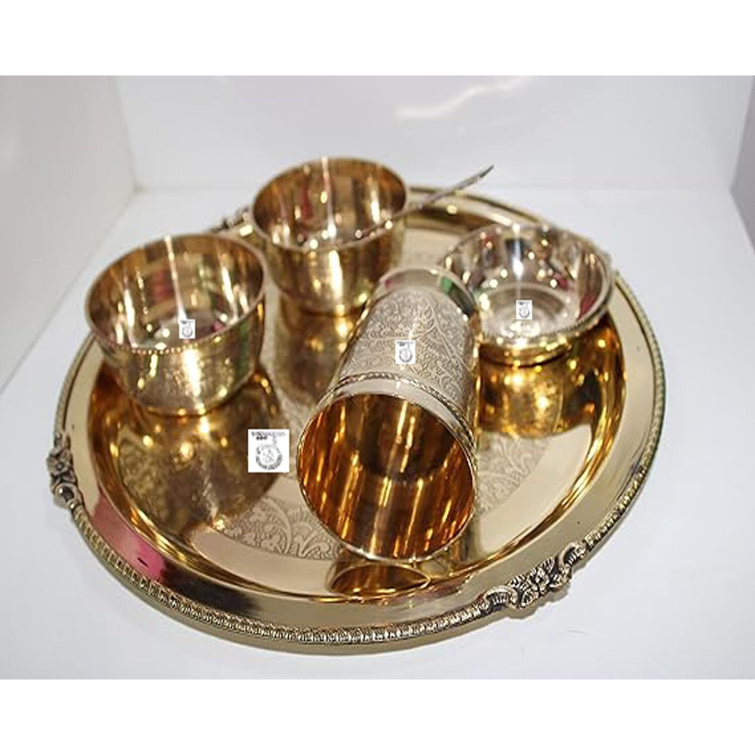 THATHERA Handmade Traditional Brass Thali Utensils Set Cooking, Serving, and Eating Food (Set of 6) Gold Color