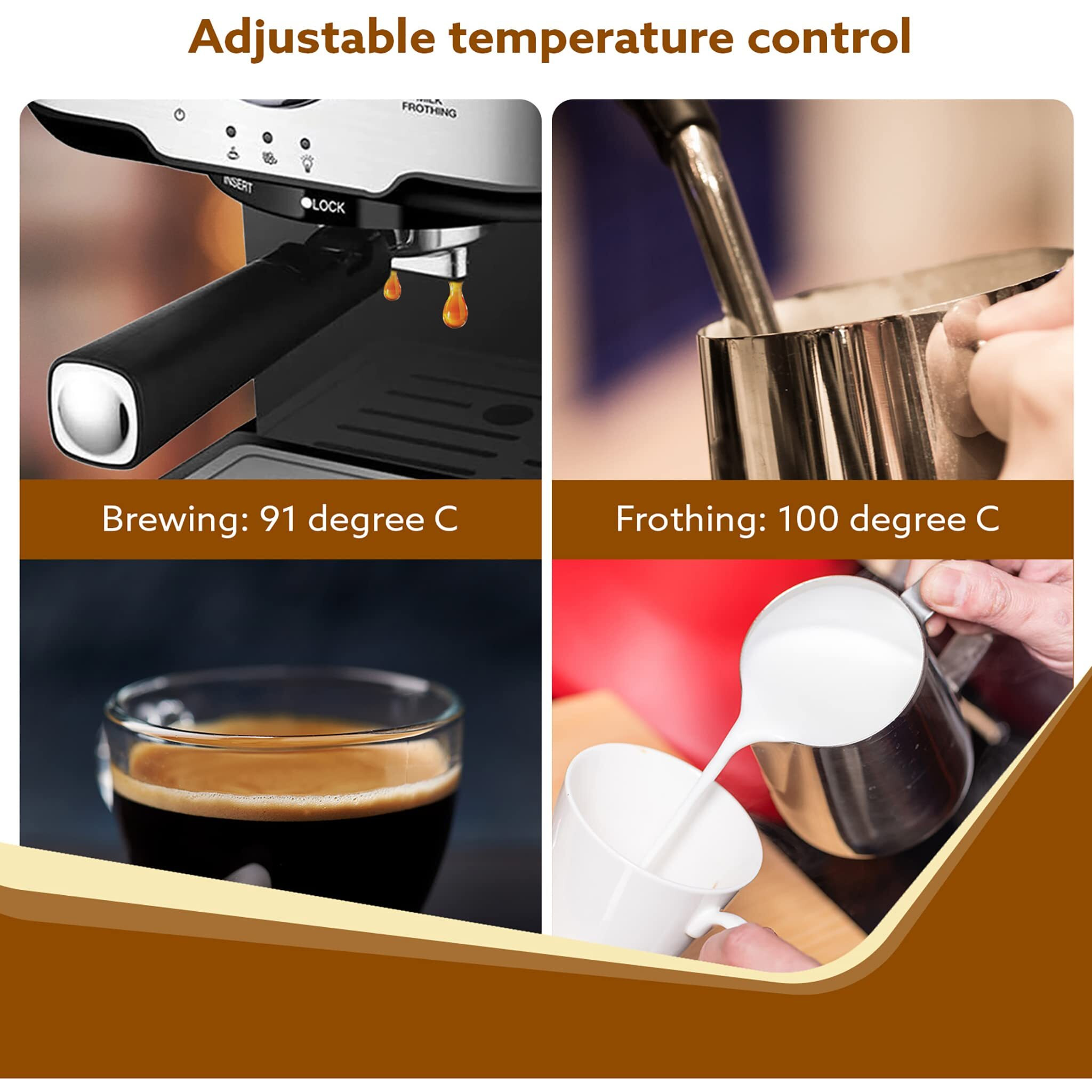 AGARO Imperial Espresso Coffee Maker, Coffee Machine, 15 Bars, With Foaming Milk, Frother Wand for Espresso, Cappuccino, Latte and Mocha, Steam Espresso Maker For Home, Adjustable Milk Frothing and Double Temperature Control System, Stainless Steel, 1100W.