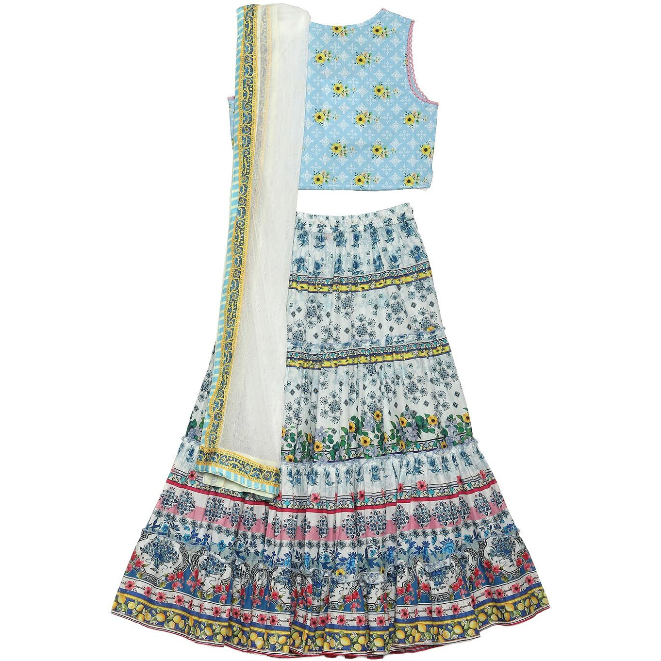 BIBA Cotton Girls Printed Straight Kid Semi-Stitched Lehenga Choli Set (Kwsummer Zest5830_White_3), 3 Year