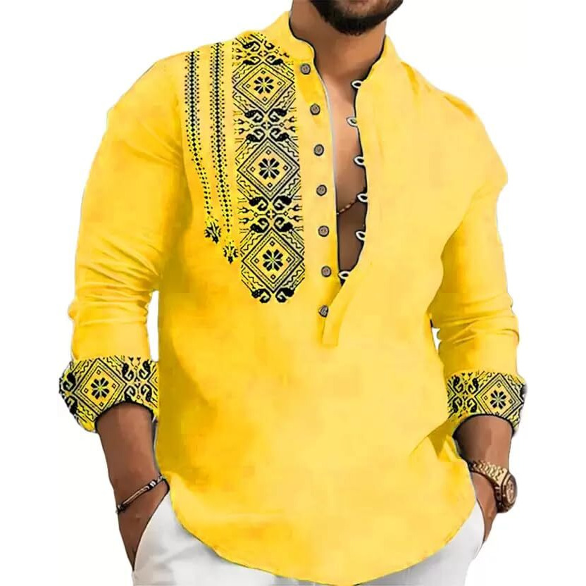 DEELMO Mens Cotton Blend Mandarin Collar Regular Fit Full Sleeve Casual Short Kurta, Large, Yellow