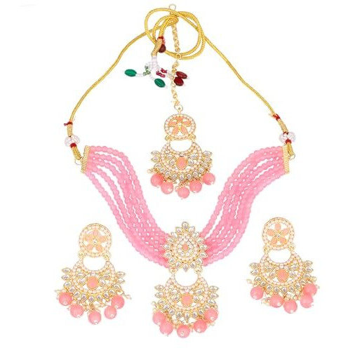 Gehena by Estele Gold Plated Captivating Leaf Designer Kundan-Studded with Mint Pink Beaded Pearls Necklace Set and Maang Tikka for Girls and Women