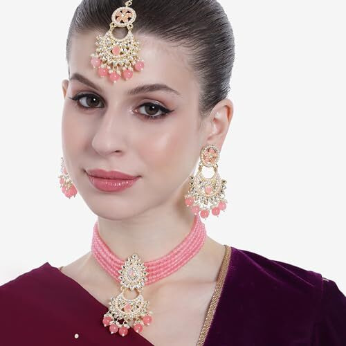 Gehena by Estele Gold Plated Captivating Leaf Designer Kundan-Studded with Mint Pink Beaded Pearls Necklace Set and Maang Tikka for Girls and Women