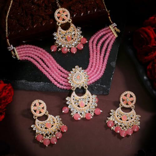 Gehena by Estele Gold Plated Captivating Leaf Designer Kundan-Studded with Mint Pink Beaded Pearls Necklace Set and Maang Tikka for Girls and Women