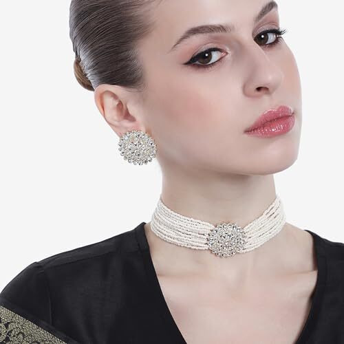 Gehena by Estele Gold Plated Dazzling Kundan Choker Necklace Set with white Pearls for Girls and Women