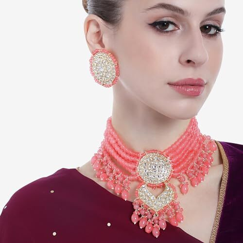 Gehena by Estele Gold-plated Enchanting Kundan-Studded and Mint Pink Pearl Beaded Choker Necklace set for Girls and Women