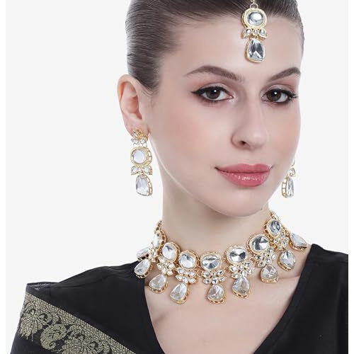 Gehena by Estele Gold Plated Dazzling White Kundan Necklace Set with Maang Tikka for Girls and Women