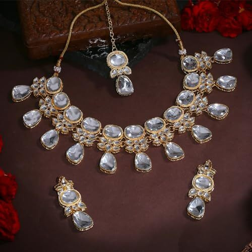 Gehena by Estele Gold Plated Dazzling White Kundan Necklace Set with Maang Tikka for Girls and Women