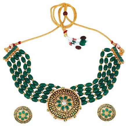 Gehena by Estele Gold Plated Fascinating Circular Designer Kundan-Studded Necklace Set with Green Beaded Pearls for Girls and Women