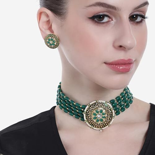 Gehena by Estele Gold Plated Fascinating Circular Designer Kundan-Studded Necklace Set with Green Beaded Pearls for Girls and Women