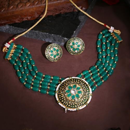 Gehena by Estele Gold Plated Fascinating Circular Designer Kundan-Studded Necklace Set with Green Beaded Pearls for Girls and Women