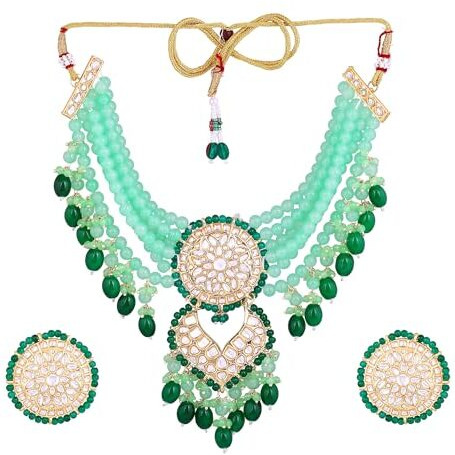 Gehena by Estele Gold-plated Enchanting Kundan-Studded and Mint Green Pearl Beaded Choker Necklace set for Girls and Women