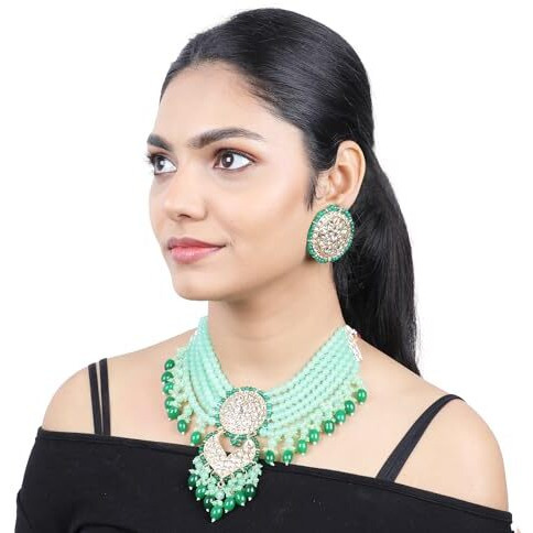 Gehena by Estele Gold-plated Enchanting Kundan-Studded and Mint Green Pearl Beaded Choker Necklace set for Girls and Women