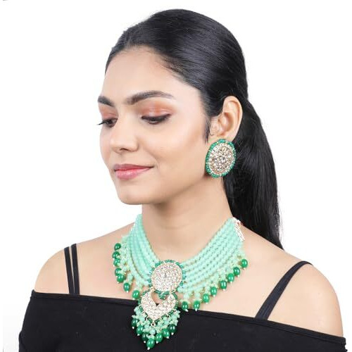 Gehena by Estele Gold-plated Enchanting Kundan-Studded and Mint Green Pearl Beaded Choker Necklace set for Girls and Women