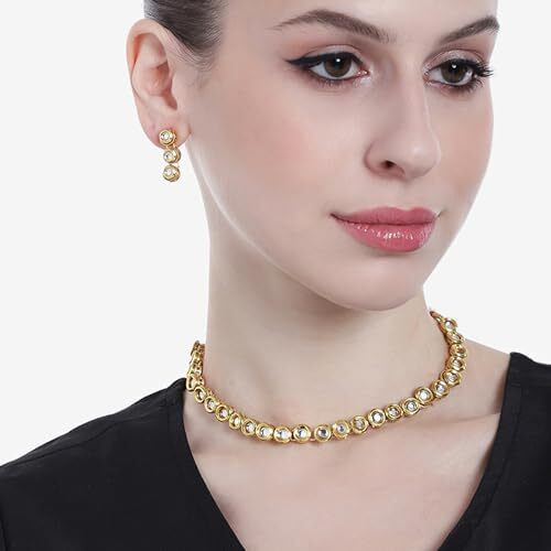 Gehena by Estele Gold Plated Circular Designer White Kundan-Studded Necklace Set for Girls and Women