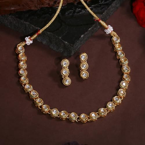 Gehena by Estele Gold Plated Circular Designer White Kundan-Studded Necklace Set for Girls and Women