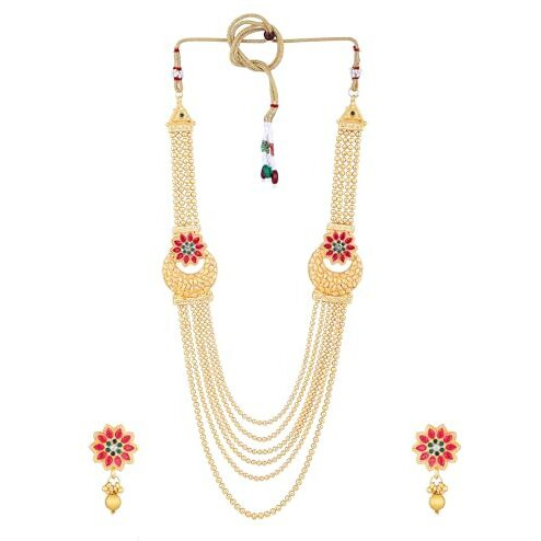 Gehena by Estele Gold Plated Beautiful Floral Designer Long Necklace Set with Ruby and Green Aritifical Stones for Girls and Women