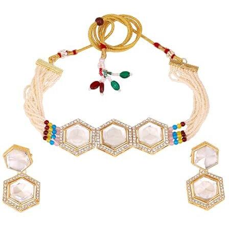 Gehena by Estele Gold Plated Beautiful Kundan Polki Choker Necklace set with White Pearls for Girls and Women