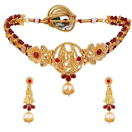 Gehena by Estele Gold Plated Radha Krishan Floral Designer Aritifical Stones with Ruby Choker Necklace Set for Girls and Women