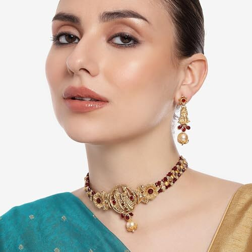 Gehena by Estele Gold Plated Radha Krishan Floral Designer Aritifical Stones with Ruby Choker Necklace Set for Girls and Women