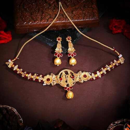 Gehena by Estele Gold Plated Radha Krishan Floral Designer Aritifical Stones with Ruby Choker Necklace Set for Girls and Women