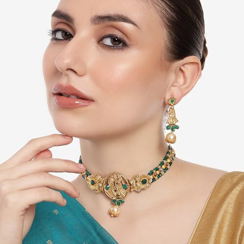 Gehena by Estele Gold Plated Radha Krishan Floral Designer Aritifical Stones with Green Choker Necklace Set for Girls and Women