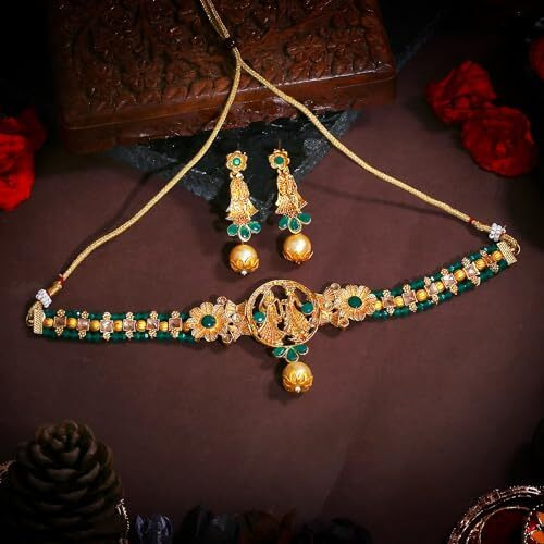 Gehena by Estele Gold Plated Radha Krishan Floral Designer Aritifical Stones with Green Choker Necklace Set for Girls and Women