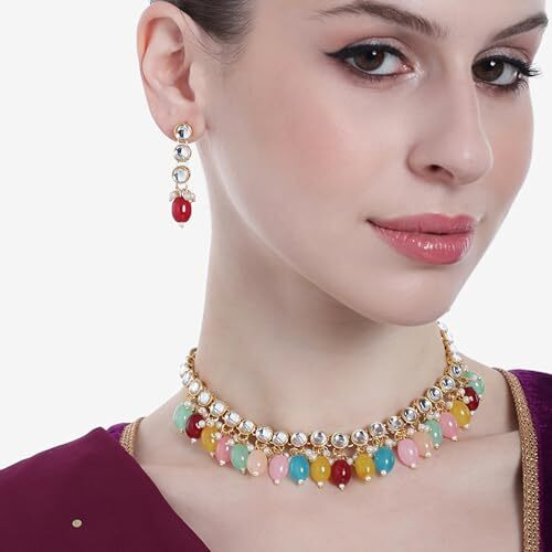 Gehena by Estele Gold Plated Charming Circular Designer Kundan-Studded Necklace Set with Multi Colour Beaded Pearls for Girls and Women