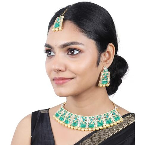 Gehena by Estele Gold Plated Alluring Designer Green Studded Choker Necklace Set and Maang Tikka with White Pearls and Crystals for Girls and Women