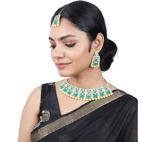 Gehena by Estele Gold Plated Alluring Designer Green Studded Choker Necklace Set and Maang Tikka with White Pearls and Crystals for Girls and Women