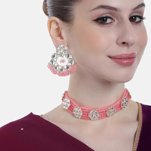 Gehena by Estele Gold Plated Elegant Floral Designer Kundan-Studded Choker Necklace Set with Mint Pink Beaded Pearls for Girls and Women