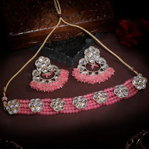 Gehena by Estele Gold Plated Elegant Floral Designer Kundan-Studded Choker Necklace Set with Mint Pink Beaded Pearls for Girls and Women