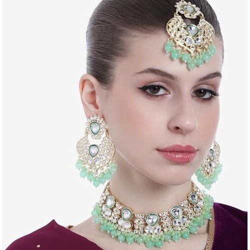 Gehena by Estele Gold Plated Glittering Kundan Studded Choker Necklace Set and Maang Tikka with Mint Green Pearl Beads for Girls and Women