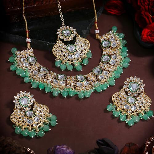 Gehena by Estele Gold Plated Glittering Kundan Studded Choker Necklace Set and Maang Tikka with Mint Green Pearl Beads for Girls and Women