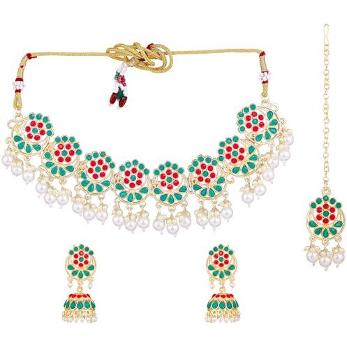 Gehena by Estele Gold Plated Red & Green Traditional Choker Necklace Set and Maang Tikka with White Pearls for Girls and Women