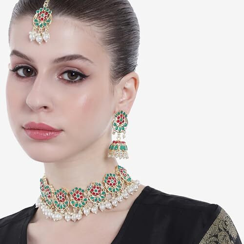 Gehena by Estele Gold Plated Red & Green Traditional Choker Necklace Set and Maang Tikka with White Pearls for Girls and Women