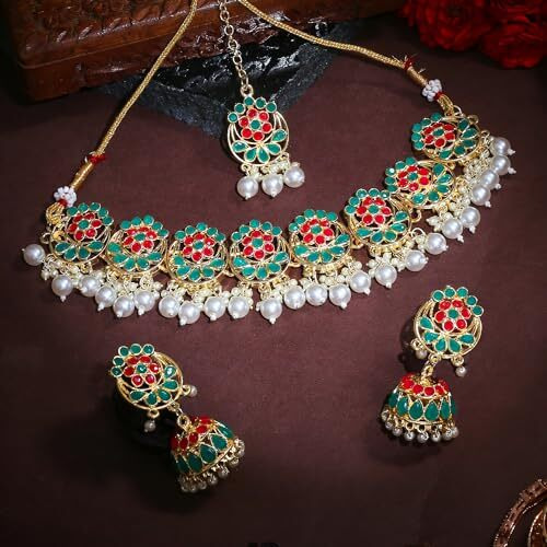 Gehena by Estele Gold Plated Red & Green Traditional Choker Necklace Set and Maang Tikka with White Pearls for Girls and Women