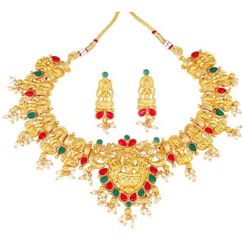 Gehena by Estele Gold Plated Divine Goddess Laxmi Designer Aritifical Stones with Ruby and Green Choker Necklace Set for Girls and Women