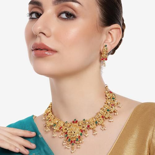 Gehena by Estele Gold Plated Divine Goddess Laxmi Designer Aritifical Stones with Ruby and Green Choker Necklace Set for Girls and Women