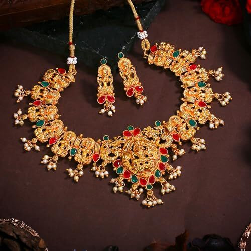 Gehena by Estele Gold Plated Divine Goddess Laxmi Designer Aritifical Stones with Ruby and Green Choker Necklace Set for Girls and Women