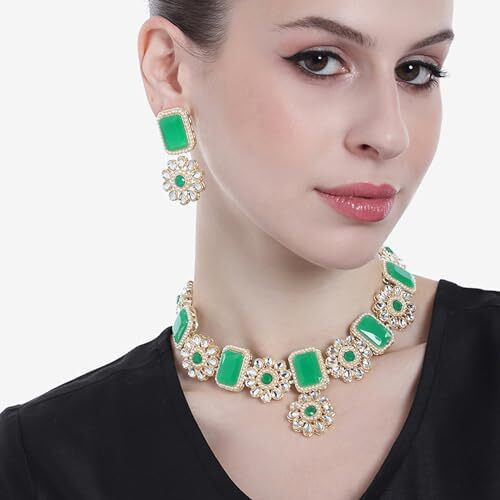 Gehena by Estele Gold Plated Fascinating Floral Designer Kundan-Studded Necklace Set with Green Beaded Pearls for Girls and Women