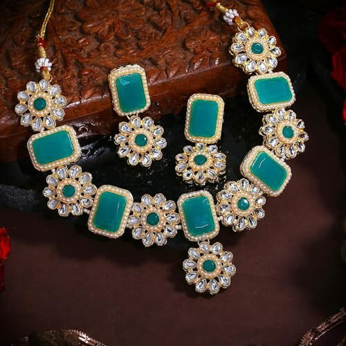 Gehena by Estele Gold Plated Fascinating Floral Designer Kundan-Studded Necklace Set with Green Beaded Pearls for Girls and Women