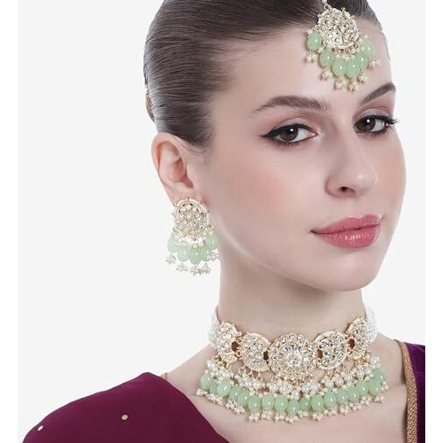 Gehena by Estele Gold Plated Elegant Designer Kundan Studded Necklace set with Maang Tikka and Mint Green Pearl Beads for Girls and Women