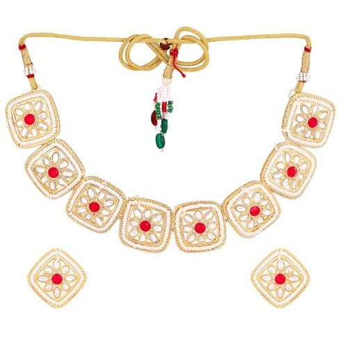 Gehena by Estele Gold Plated Dazzling Square Designer Kundan-Studded Choker Necklace Set with Ruby Stones for Girls and Women