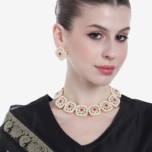 Gehena by Estele Gold Plated Dazzling Square Designer Kundan-Studded Choker Necklace Set with Ruby Stones for Girls and Women