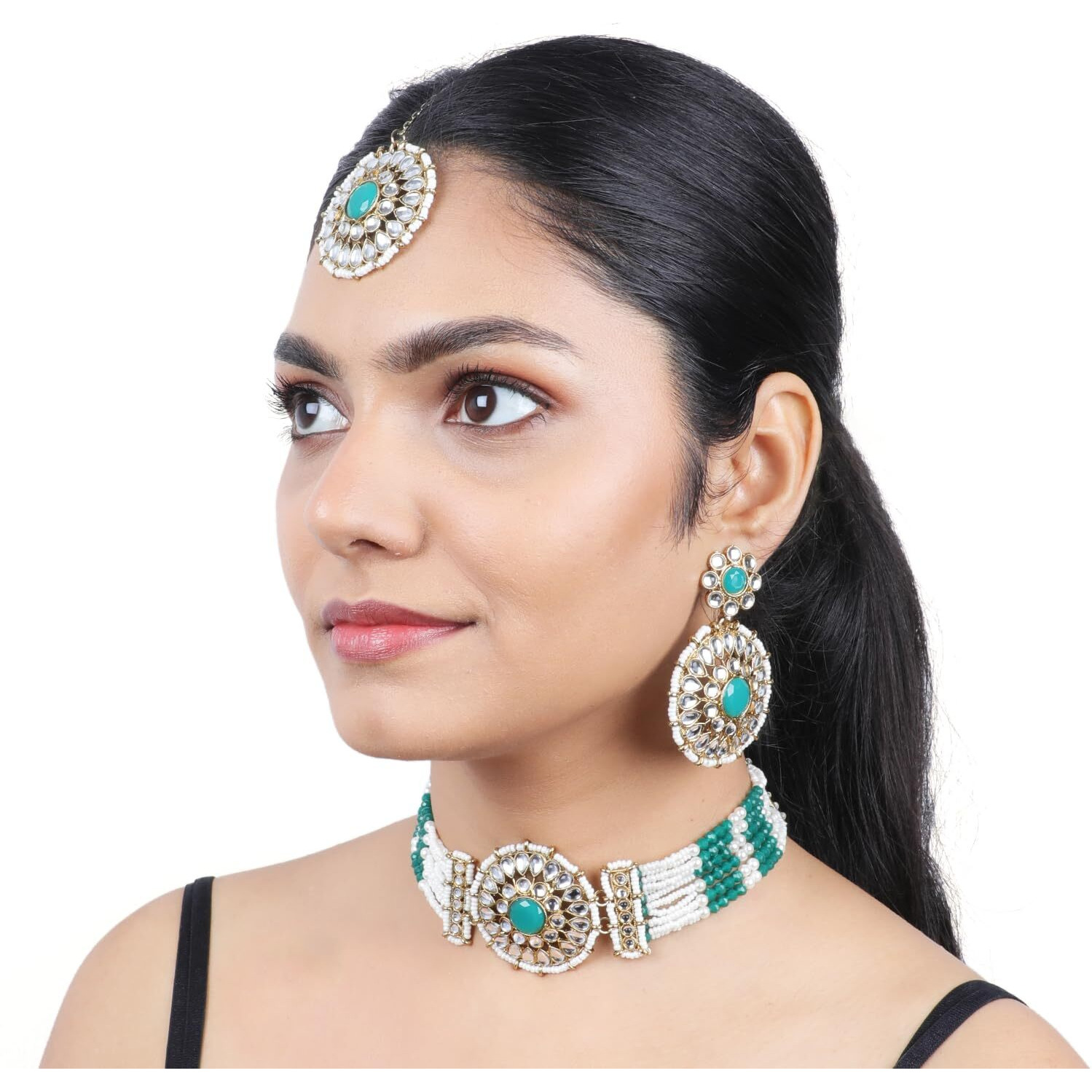 Gehena by Estele Gold-Plated Captivating Kundan-Stunded and Green Pearl Beaded Choker Necklace Set and Maang Tikka for Girlss and Women