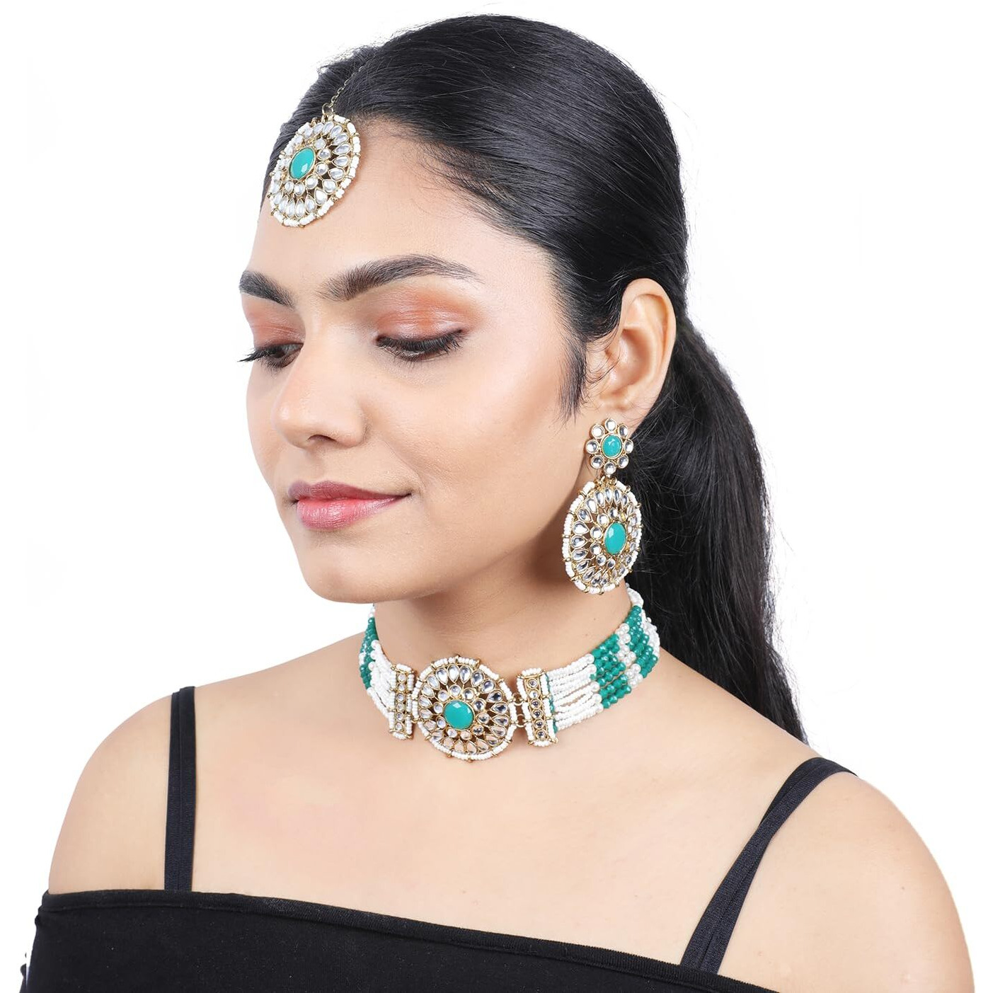 Gehena by Estele Gold-Plated Captivating Kundan-Stunded and Green Pearl Beaded Choker Necklace Set and Maang Tikka for Girlss and Women