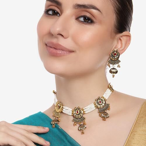 Gehena by Estele Gold Plated Conventional Antique Designer Choker Necklace Set with White Pearls for Girls and Women