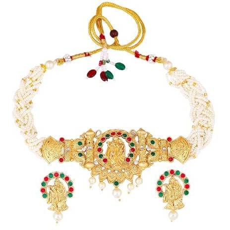 Gehena by Estele Gold Plated Radha Krishan Leaf Designer Aritifical Stones with Green and Ruby Choker Necklace Set for Girls and Women