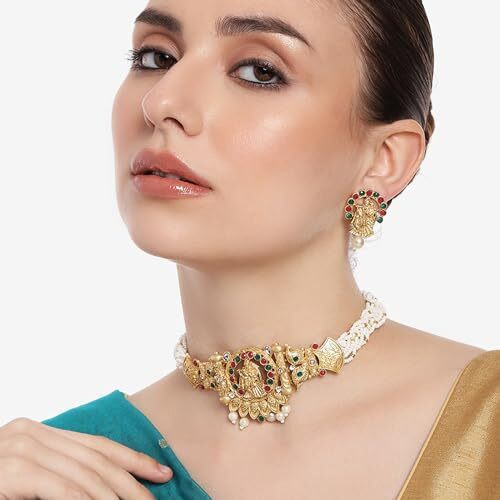 Gehena by Estele Gold Plated Radha Krishan Leaf Designer Aritifical Stones with Green and Ruby Choker Necklace Set for Girls and Women