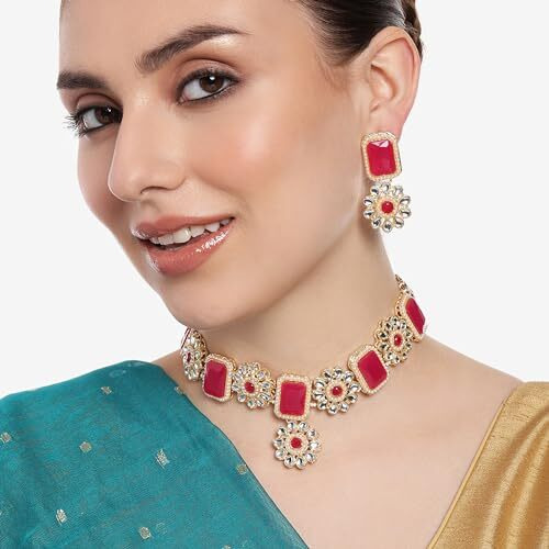 Gehena by Estele Gold Plated Fascinating Floral Designer Kundan-Studded Necklace Set with Ruby Beaded Pearls for Girls and Women